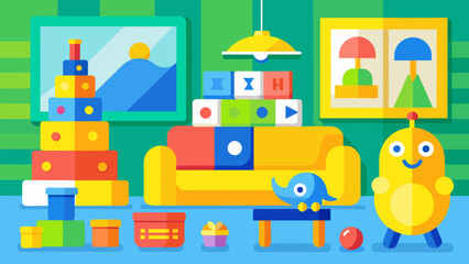In the waiting room children can entertain themselves with a variety of bright and engaging toys and games all in hues of yellow green and blue.