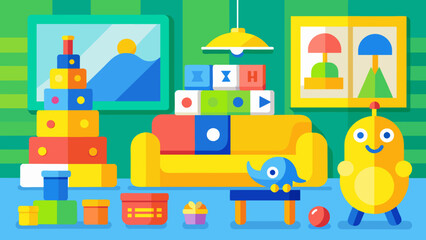 Naklejka premium In the waiting room children can entertain themselves with a variety of bright and engaging toys and games all in hues of yellow green and blue.