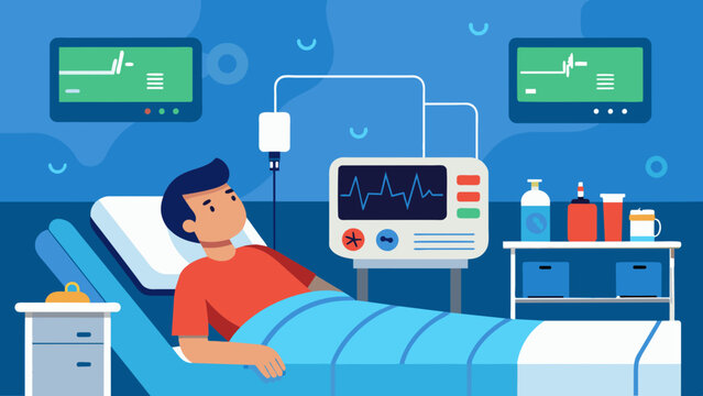 A patient lying in bed surrounded by a variety of monitoring technologies such as ECG machines pulse oximeters and pressure cuffs all working