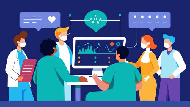 A group of medical professionals huddled around a patients bed intently observing the details on a large ICU monitoring system with a graph