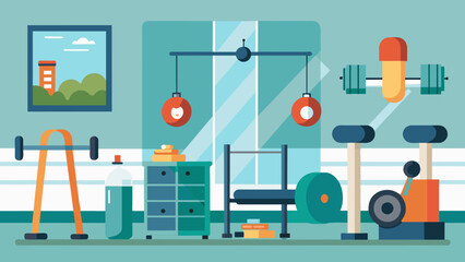 The therapy room is filled with various weights and handheld exercise equipment giving patients a range of options for building muscle and - obrazy, fototapety, plakaty