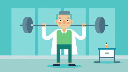 In the hospital gym a focused patient with a determined expression on their face lifting a weight bar with heavy plates loaded onto each end.