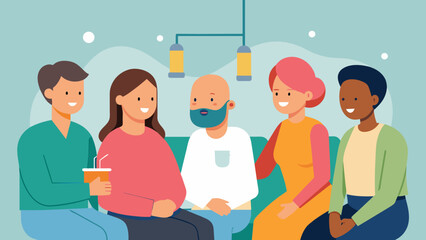 A small group of friends and family sit and chat quietly with a patient undergoing chemo providing warm company and support during the