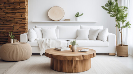 Fototapeta premium Minimalist and Spacious Living Room with White Sofa and Natural Wood Accents