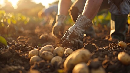 Agricultural workers planting potatoes, showcasing the hands in gloves on process