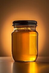 A jar of beautiful amber honey on a yellow background
