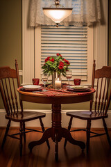 Still life of a romantic dinner table with red flowers centerpiece in candlelight