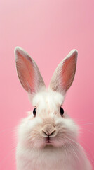 Obraz premium Coelhinho da Páscoa com expressão engraçada de surpresa em fundo rosa com espaço de cópia, banner de Páscoa feliz com coelhinho 