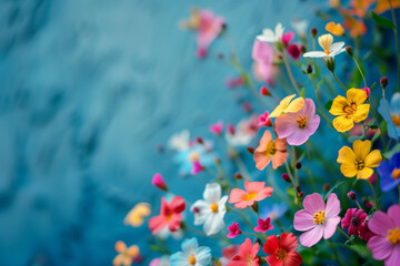Obraz na płótnie Canvas Colorful and beautiful flowers in minimalist copy space background, abstract flower wallpaper concept, Beautiful flowers with empty space for text, selective focus on elegant flowers with bokeh effect