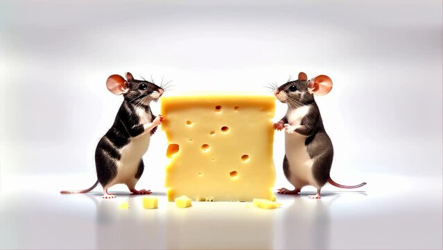 Two mice stand beside a large block of Swiss cheese, creating a playful and adorable scene perfect for whimsical stock imagery.