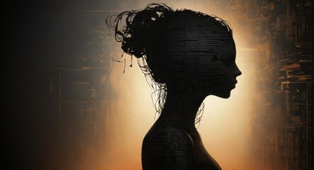 Silhouette of a beautiful girl on a black background - obrazy, fototapety, plakaty
