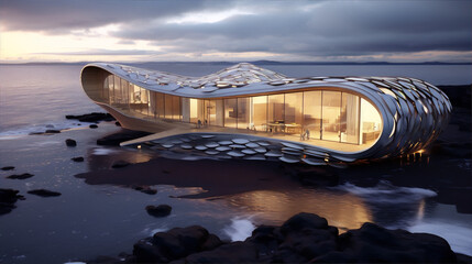 Futuristic house with organic forms on the rocky seashore at sunset 3d illustration