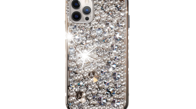 A sleek smartphone case embellished with shimmering crystals, adding a touch of glamour to everyday tech accessories