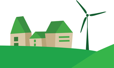 A green eco-village on a summer background. Green park on the background of a natural landscape. The green template of the ecological concept. Vector graphics. Illustration EPS 10