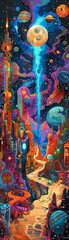 Imagine a bustling space market scene where different extraterrestrial cultures gather to exchange goods and interact Highlight the vibrant colors