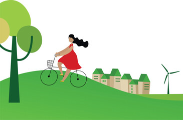 Illustration of a girl on a bicycle on a summer background. A girl in a red dress rides a bicycle against the background of a village, a green house and grass Idea, concept, banner. A graphic template