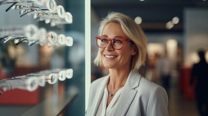 woman buying glasses for better vision in eyeglasses store - obrazy, fototapety, plakaty