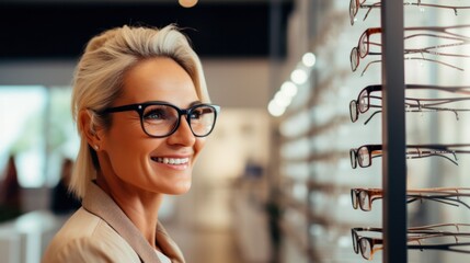 woman buying glasses for better vision in eyeglasses store - obrazy, fototapety, plakaty