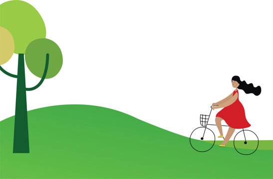 Illustration of a girl on a bicycle on a green field. A girl in a red dress is riding a bike. The idea, the concept, the banner. A graphic template. Vector Graphics EPS 10
