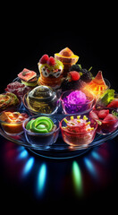 3D rendering of a futuristic food display with various colorful desserts and glowing lights.