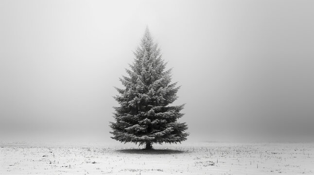 The image captures the quiet stillness of a snowy landscape, with a single, full pine tree centered against a white, overcast sky, creating a peaceful monochrome scene