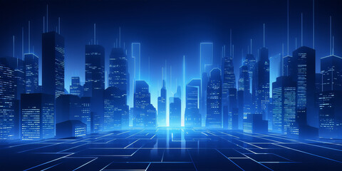 Obraz premium Cityscape of a digital city with skyscrapers and lights in blue colors.