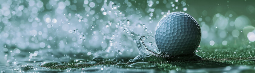 Close-up of a golf ball creating dynamic water splash, captured in high-speed photography against a dark background. Golf ball splashing into water