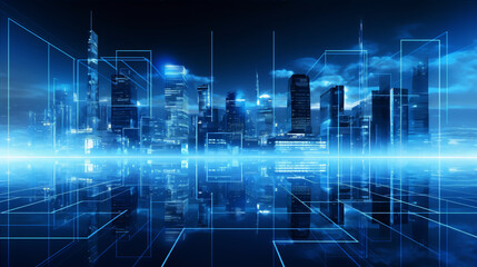 Cityscape, blue, night, buildings, lights, reflection, digital, illustration