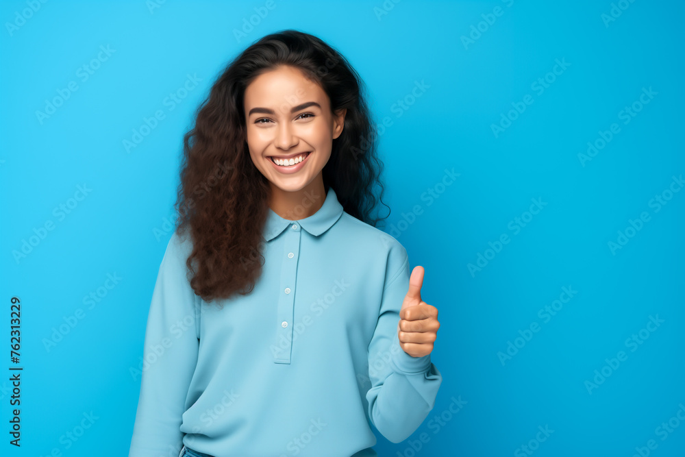 Wall mural young smiling woman showing thumbs up, isolated on blue background