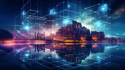 Cityscape with a river, bridge and glowing blue neural network, in the style of digital art.