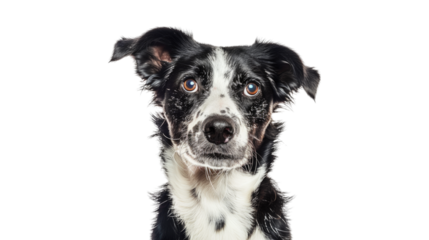 Cute, happy dog headshot smiling on a bright, PNG file of isolated cutout object on transparent background.