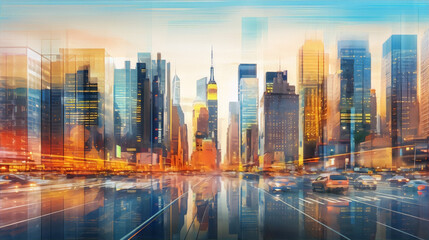 Cityscape of New York City with skyscrapers and traffic in blue and orange colors, made with photo manipulation.