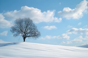 Fototapeta na wymiar A lone tree stands in the middle of a snow - covered field with a blue sky and clouds in the background,tree in snow