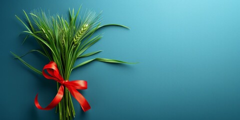 wheatgrass tied with a red ribbon on blue background, banner for invitation. Copy space for text. Nowruz Holiday. 21 march, the main symbol of Nowruz. - obrazy, fototapety, plakaty