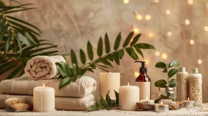 Fototapeta na wymiar Top view, tranquil spa still life, candles, towels, green leaves, aromatherapy oils,