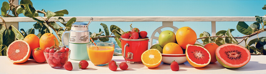 Retro still life of citrus fruits and strawberries in the Mediterranean - obrazy, fototapety, plakaty