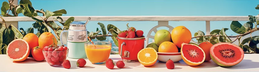 Foto op Plexiglas Retro still life of citrus fruits and strawberries in the Mediterranean © amsassia