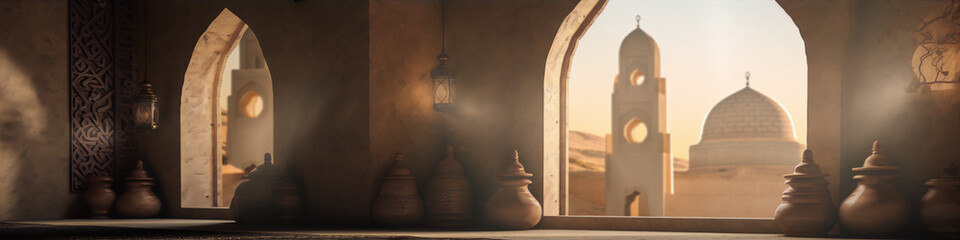 arabic architecture with intricate geometric patterns and soft lighting - obrazy, fototapety, plakaty