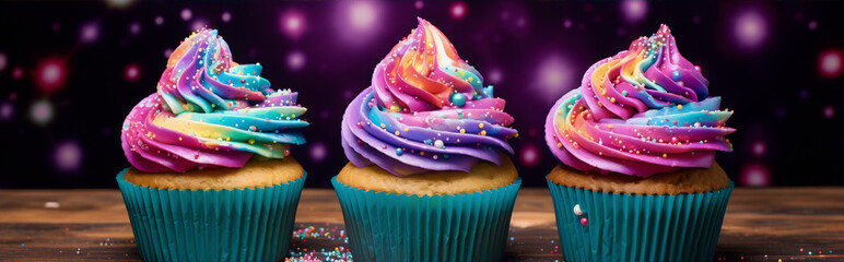 Rainbow frosted cupcakes with blue wrapping on a wooden table against a purple sparkly background.