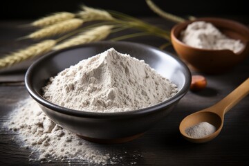 Buckwheat flour bowl on modern kitchen table inspiring healthy gluten free recipes - obrazy, fototapety, plakaty
