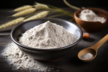 Poster Buckwheat flour bowl on modern kitchen table inspiring healthy gluten free recipes © Aliaksandra