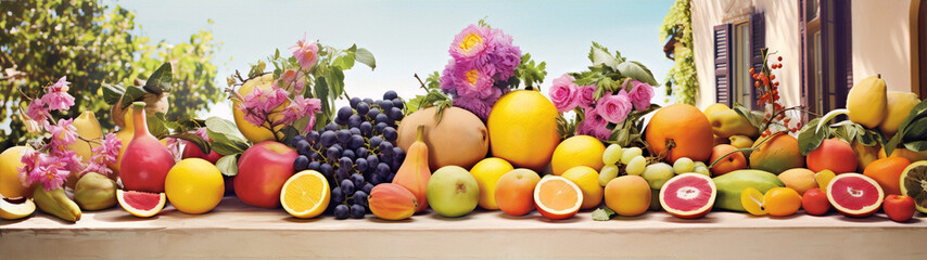 Still life of various fruits and flowers arranged on a stone table with a blurred background of a villa - obrazy, fototapety, plakaty