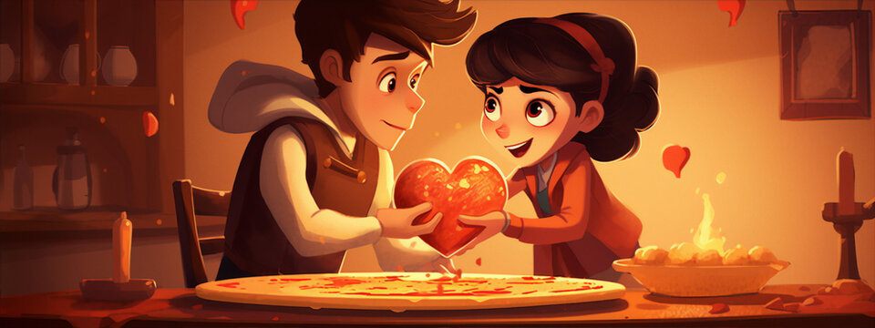 Two cartoon characters, a boy and a girl, are making a pizza together in a cozy kitchen.