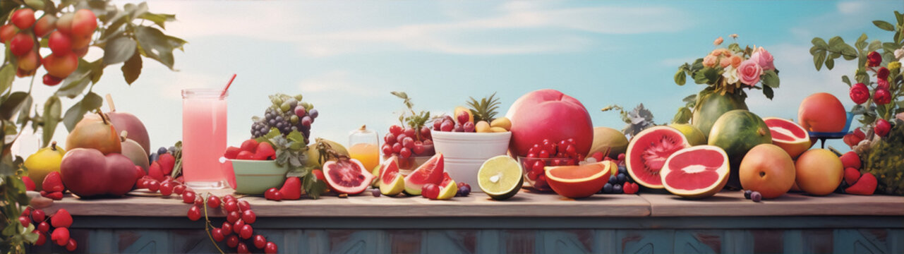 A colorful and vibrant still life image of various fruits on a wooden table with a blue sky background.