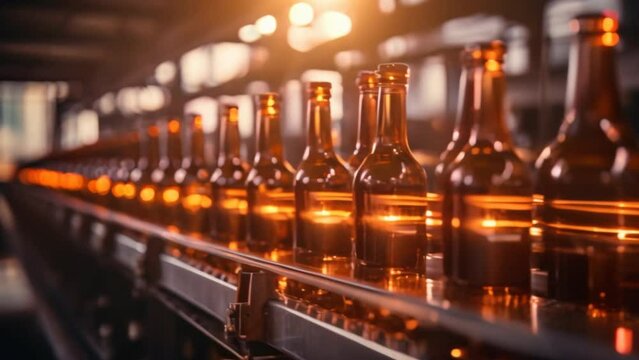 Brown beer glass drinking alcohol bottle, beer conveyor belt, modern production line