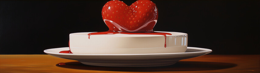 Still life painting of a strawberry on a white plate with a black background.