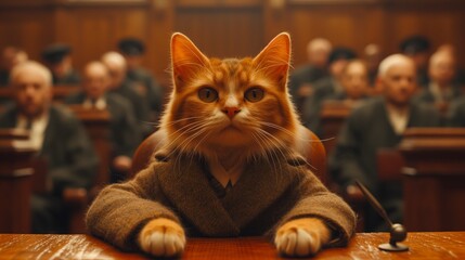 Courtroom Cat: A Furry Legal Expert Amidst a Serious Trial
 - obrazy, fototapety, plakaty