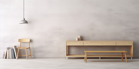 3D rendering of a minimalist room interior with a chair, bench and shelf against a textured concrete wall in neutral colors. - obrazy, fototapety, plakaty