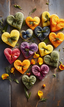 Colorful heart-shaped ravioli with edible flowers and herbs on a rustic table.