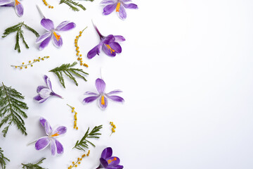 Spring decoration. Violet crocuses, yellow flowers mimosa on a white background.Top view, flat lay.  Easter, Women's day concept. Spring flowers banner.